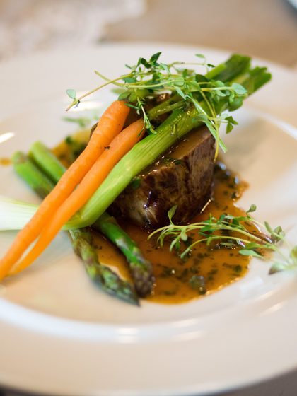 Beef fillet with glazed carrots and asparagus