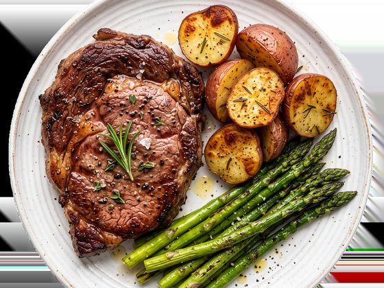 Ribeye with roast potatoes and asparagus